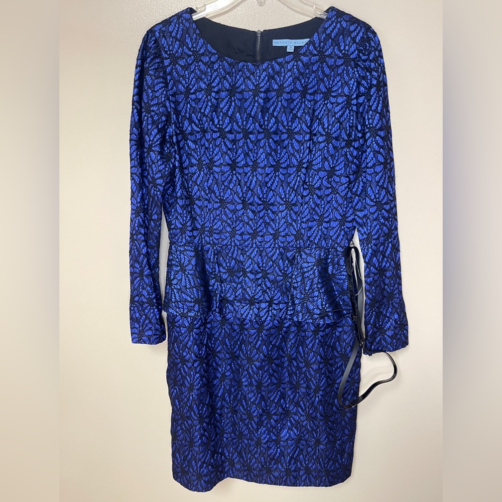 SALE! NWOT Antonio Melani Belted Peplum Dress Long Sleeve Blue & Black Lined Zip